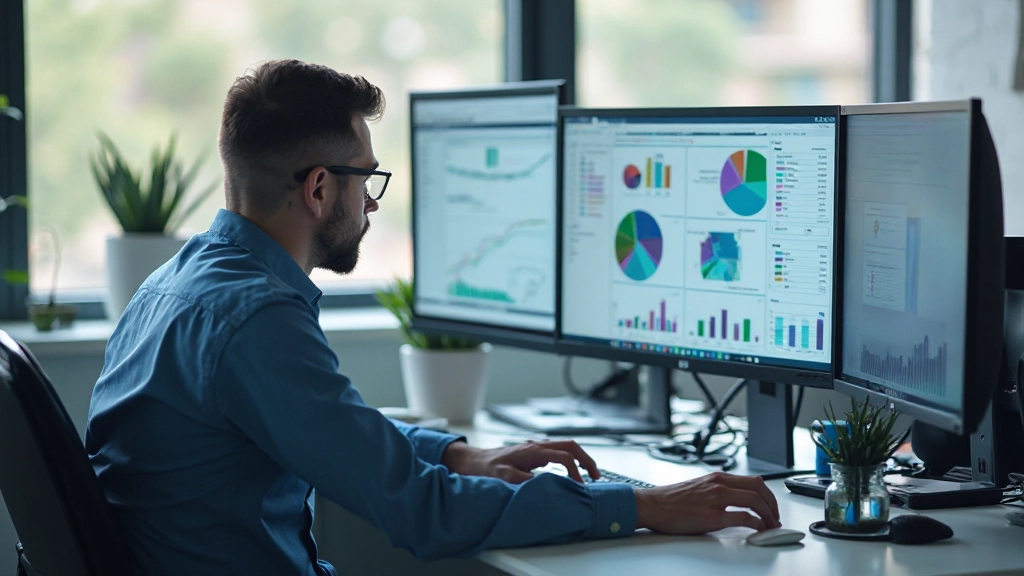 Профессиональный снимок рабочего стола маркетолога с графиками кампании и аналитикой